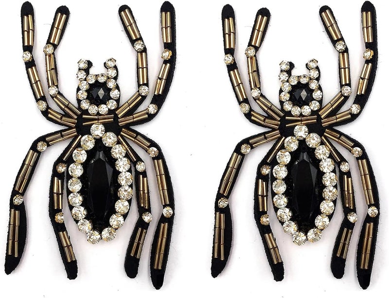 ESH7 2 Pcs Spider Beaded Patches Rhinestone Black Crystal Sew On Sequin Patch Handmade Insect Bead Patch Applique for T-Shirt Handbag Jeans Jackets Shoes Backpack Cap - Image 1